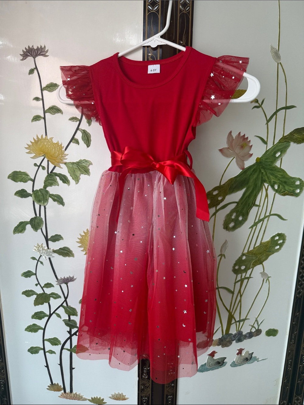 & Other Stories Red Tulle Sparkle Dress with Satin Bow and twinkling gold stars